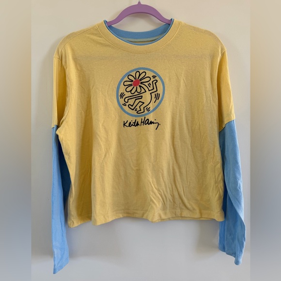 keith haring Tops - Keith Haring Graphic Long Sleeve Crop Top Yellow Blue Size XL